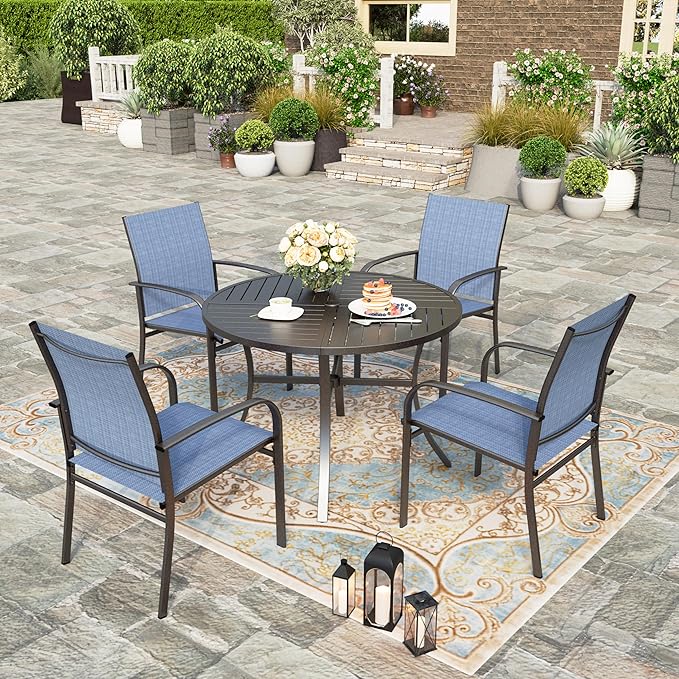 HERA'S HOUSE 5 Pieces Patio Table and Chairs Set, Outdoor Dining Furniture for 4, 42" Black Metal Round Dining Table with Umbrella Hole, 4 x Blue Textilene Chairs for Lawn Garden Backyard Deck