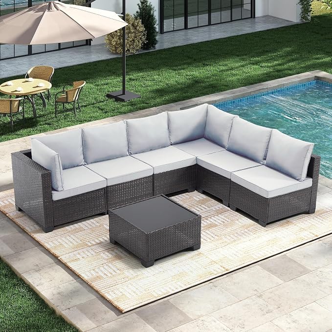 CANMOV 7 Pieces Patio Furniture Sets, All Weather Outdoor Patio Conversation Set, PE Wicker Rattan Sectional Sofa Couch Glass Coffee Table Washable Cushions for Backyard Garden, Poolside, Light Grey