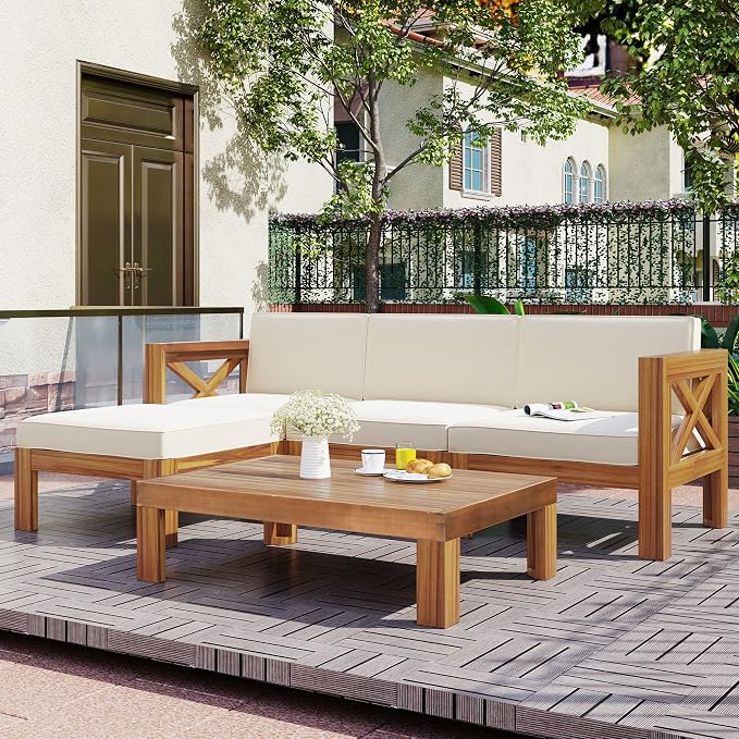 5-Piece Outdoor Backyard Patio Set, Acacia Wood Sectional Sofa Seating Group Set with Tea Table and Cushions, Conversation Furniture Set for Garden Backyard Poolside (Natural Finish+beige cushion 2)