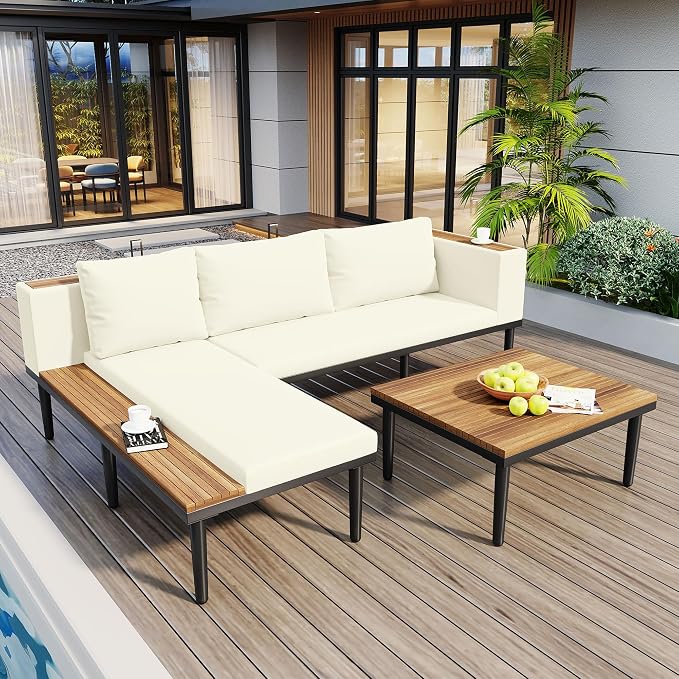 Luxury 4-Piece L-Shaped Outdoor Patio Sofa Set with Acacia Wood Side & Coffee Table, Removable Cushions & Pillows, Metal Frame, Comfortable Modular Conversation Sectional for Backyard, Porch, Beige