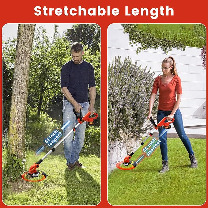 20V 12" Cordless String Trimmer With 2 X 2.0Ah Battery and Charger, Electric Grass Trimmer Battery Powered Eater String, Edger Lawn Tool Grass Cutter With 8pcs Line, Lawn Mover For Garden Yard, Orange