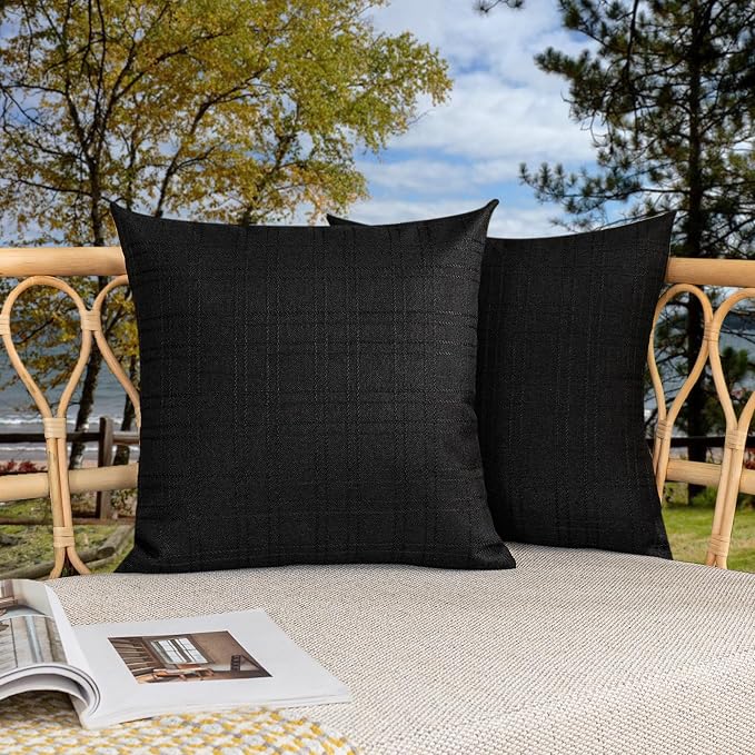 Kevin Textile Outdoor Waterproof 18”x18” Pillow Covers 2 Pack, Black | Water Resistant, Soft Faux Linen-cotton Yarn-dyed Woven Texture Throw Pillow Covers for Tent Patio Garden Couch Sofa