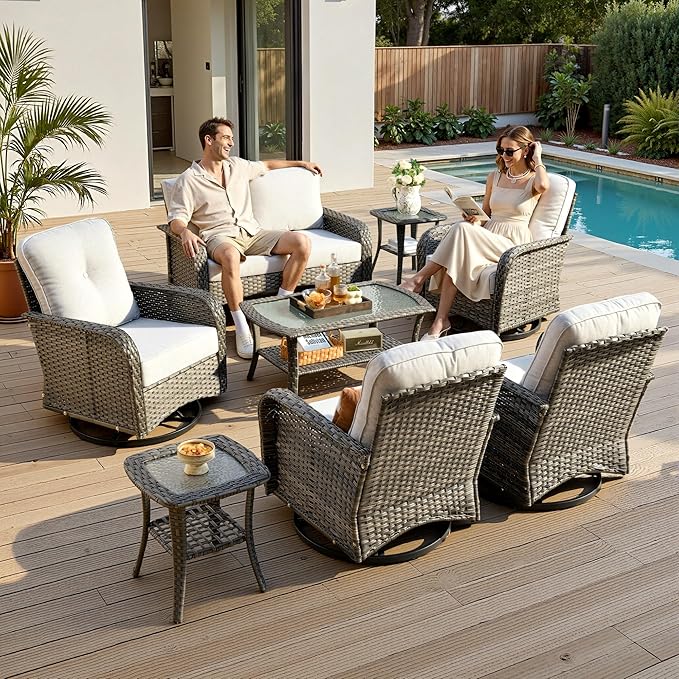 8-Piece Patio Furniture Set, Outdoor Wicker Furniture with Coffee Table, High Back Swivel Rocker Patio Chairs, Modern Rattan Outdoor Chairs Conversation Set for Porch, Balcony, Garden, Grey