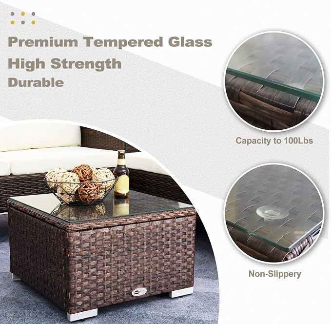 DIMAR GARDEN Outdoor Coffee Table Wicker Patio Side Table with Glass Top,19.7in Mixed Brown