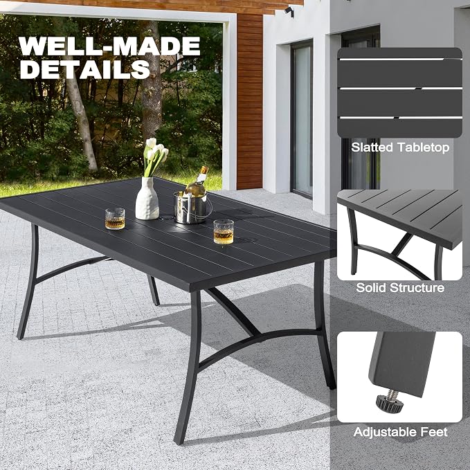 NUU GARDEN 63" x 36" Patio Table for 6 People, Outdoor Patio Dining Table with 1.60" Umbrella Hole, Aluminum Tabletop and Sturdy Frame Perfect for Lawn Backyard Garden, Black