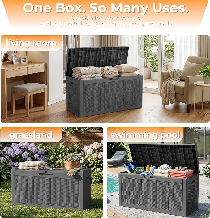 70 Gallon Waterproof Outdoor Storage Box,Deck Boxs for Outdoor and Indoor Use,Deck Storage Box for Picnic Supplies,Gardening Tools,Lockable and Easy to Install(Black)