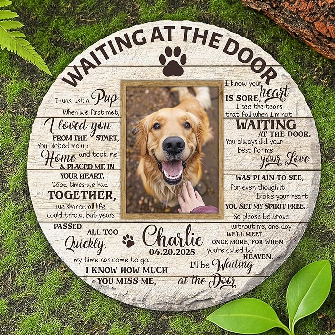 Personalized Pet Memorial Garden Stone for Dogs - Waiting at The Door Dog Memorial Natural Stone with Photo, Condolences Sympathy Gift for Dog Lovers, Pet Loss Gifts, Waterproof for Indoor & Outdoor