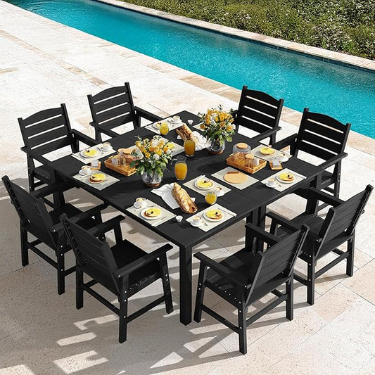 YEFU Patio Dining Sets HIPS: 10-Piece Outdoor Table and Chairs with Umbrella Hole - Modern Outside Furniture Plastic Patio Dining Set for 8 with Metal Aluminum Frame for Family with Deck/Pool Black