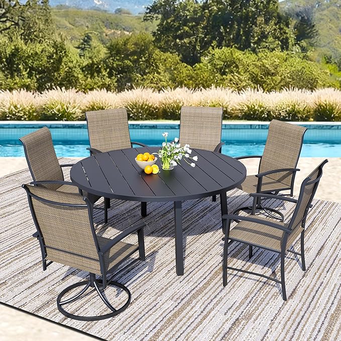 7 Piece Outdoor Patio Dining Set for 6, 47" Black Round Metal Table with 6 Mocha Chairs, All-Weather Outdoor Furniture Set for Backyard, Lawn, Deck, or Poolside