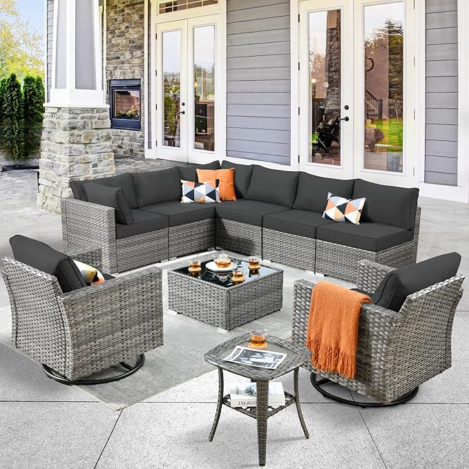 ovios Outdoor 10 Piece Coversation Set with Swivel Rocking Chair,Sectional Patio Furniture Set with All-Weather Wicker Sofa,Modern Outside Couch for Balcony Backyard Pool, Black