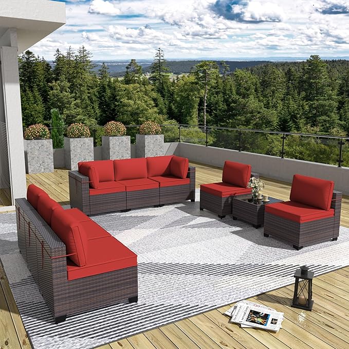 Patio Furniture Set 9 Pieces Outdoor Sectional Sofa Set,All Weather Wicker Patio Sofa PE Rattan Patio Conversation Set w/Cushions and Glass Coffee Table,Red