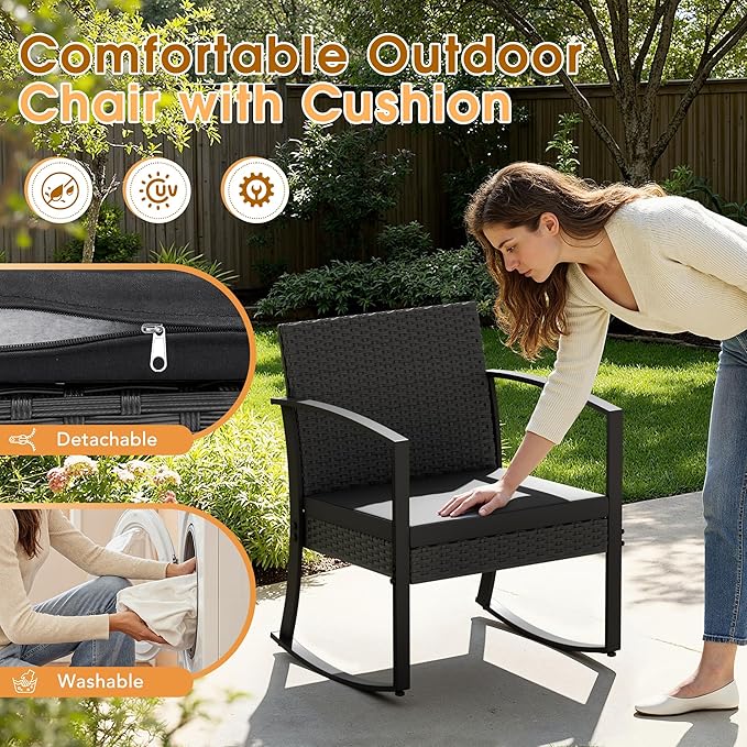 Greesum 3 Pieces Outdoor Furniture Set Patio Bistro Rocking Chairs with Glass Coffee Table for Pool Beach Backyard Balcony Porch Deck Garden, Black