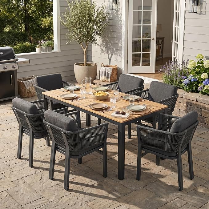 Christopher Knight Home Tamken Acacia Wood Outdoor Dining Set for 6, 7 Piece Patio Dining Table and Chair Set, Metal Outdoor Dining Armchair and Table Set with Removable Cushion, Black+Grey+Teak