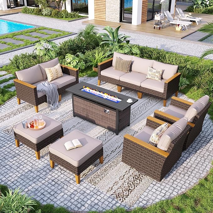GREEN PARTY 9 Pieces Wicker Patio Furniture Set with 56" Fire Pit Table, All-Weather Outdoor Rattan Patio Sectional Sofa Conversation Set 9 Seats for Garden, Backyard, 2 x Swivel Chairs