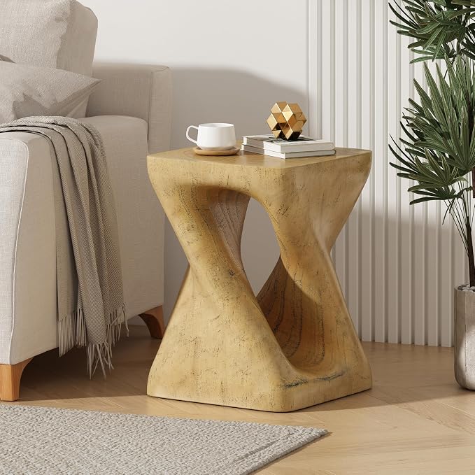Patio Faux Concrete Side Table Outdoor Faux Wood End Table, Round Outdoor Accent Tables, Garden Stool Plant Stand for Porch, Backyard Natural Wood