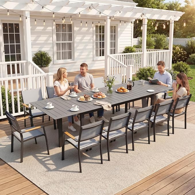 RoyalCraft Aluminum Outdoor Patio Table and Chairs Set with 121" L -81" L Expandable Dining Table, 13-Pieces Patio Furniture Set for 12, Outdoor Dining Set with Stackable Quick Drying Chairs, Grey