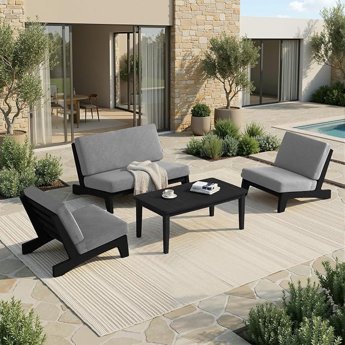 Pia Ricoo 4 Piece Patio Furniture Sets, Outdoor Furniture with 2 Chairs & Coffee Table, Patio Conversation Set for Backyard, Deck, Lawn, Gray, Dark Wood