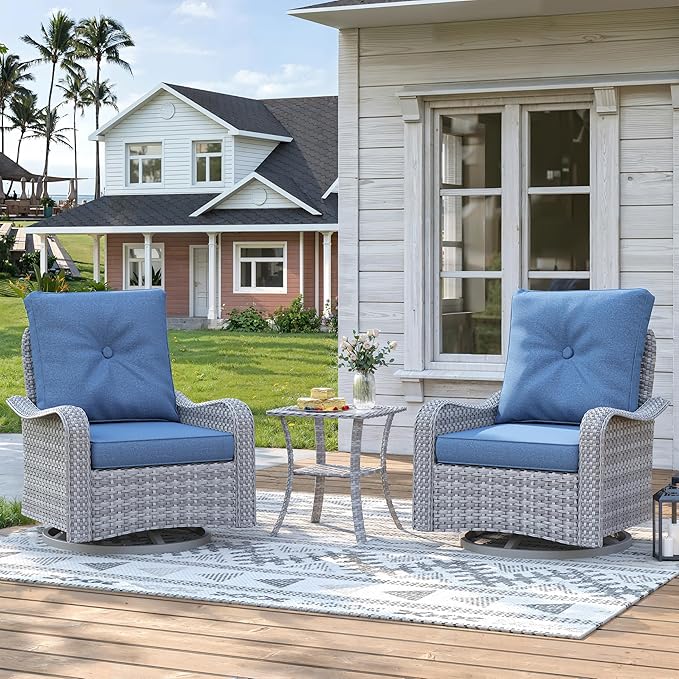 3 Piece Wicker Patio Furniture Set, Swivel Rocking Chairs with 4''Cushions, PE Rattan, Rust Resistant Frame, Double Layer Glass Side Table, for Backyard, Deck or Balcony, Navy