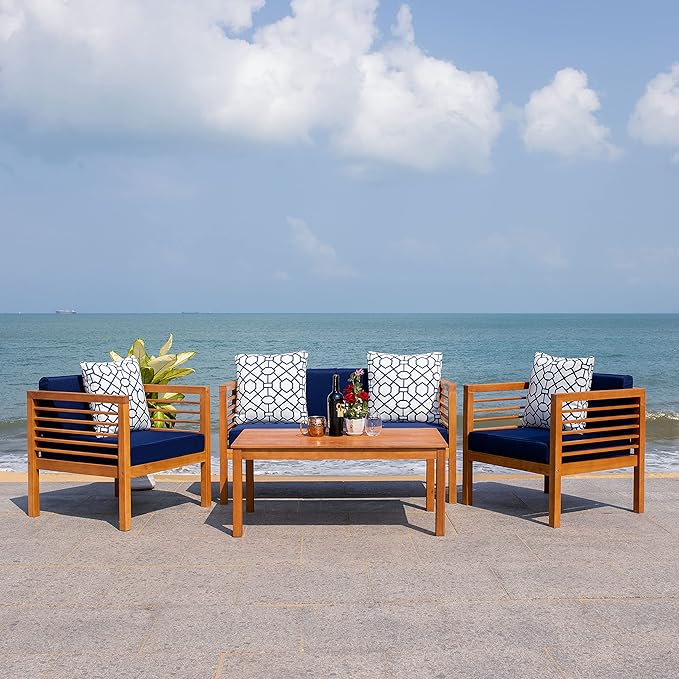 SAFAVIEH Outdoor Collection Alda Natural/ Navy Cushions/ Geometric Pattern Pillows 4-Piece Conversation Patio Set