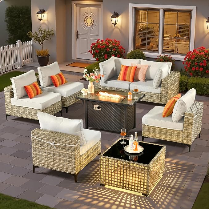 8 Pieces Patio Sectional Furniture Set, Outdoor Wicker Sectional Couch with Firepit Solar Lights Table, Modern Conversation Set for Porch Balcony Backyard, Gray