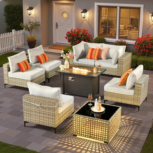 8 Pieces Patio Sectional Furniture Set, Outdoor Wicker Sectional Couch with Firepit Solar Lights Table, Modern Conversation Set for Porch Balcony Backyard, Gray