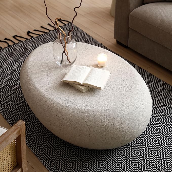 43.3" Faux Stone Coffee Table Modern Unique Coffee Table Oval Center Tables Round Edge Design Fiberglass Oval Accent Tables for Living Room Office Apartment No Assembly, Cream White