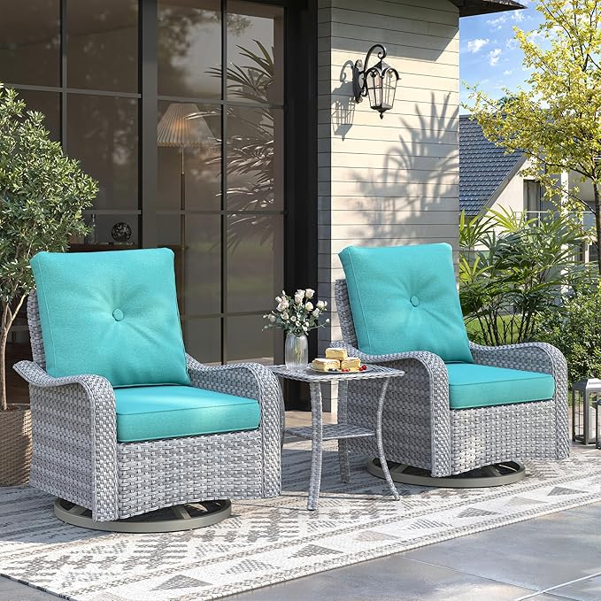 3 Piece Wicker Patio Furniture Set, Swivel Rocking Chairs with 4''Cushions, PE Rattan, Rust Resistant Frame, Double Layer Glass Side Table, for Backyard, Deck or Balcony, Blue