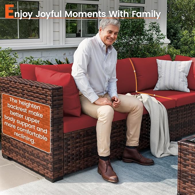 Patio Furniture Set, 7-Piece Outdoor Sectional Rattan Sofa Set with Coffee Table (Burgundy Cushions with Brown Rattan)