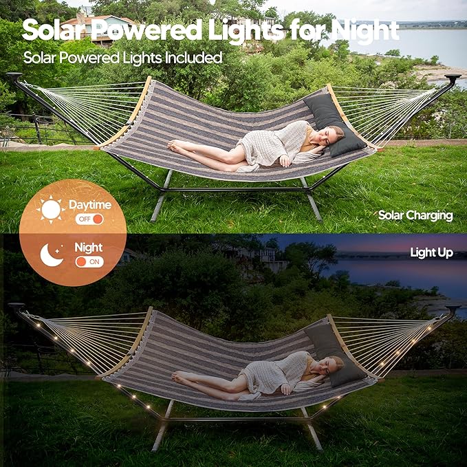SUNCREAT Double Outdoor Hammock with 12 ft Stand, Stand Alone Hammock with Solar Powered Lights, Gray Stripes