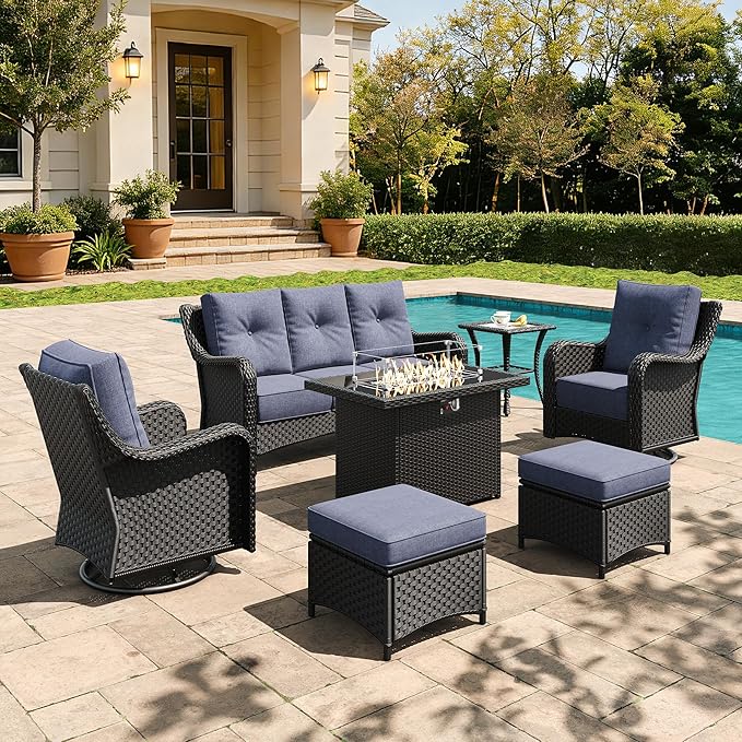 7 Pieces Outdoor Furniture Set with 6-inch Cushions, High Back Wicker Swivel Rocker Chairs with Fire Pit Table, Luxury Conversation Set for Deck Patio and Poolside