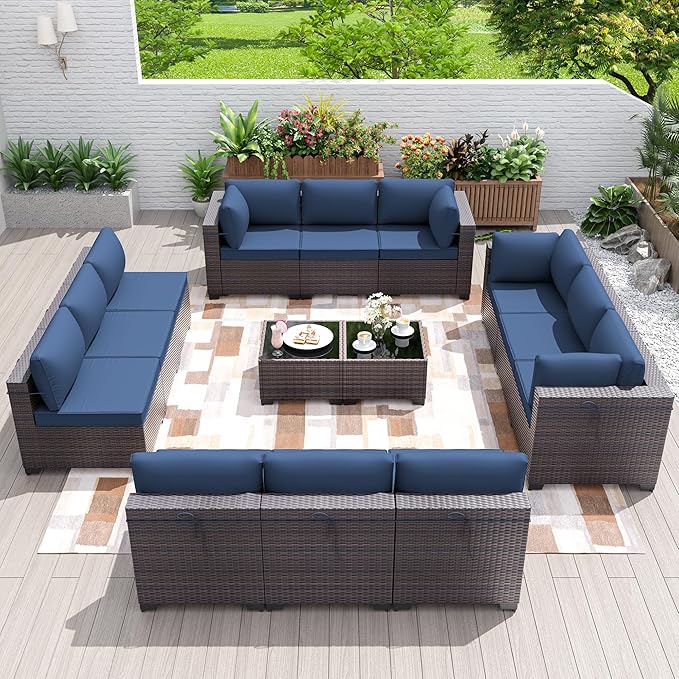 Patio Furniture Set 14-Piece Outdoor Furniture for Backyard Wicker Sectional Sofa Set, PE Rattan Patio Conversation Set 12 Seat with 4 Inch Thickened Cushions and Glass Coffee Tables, Navy Blue