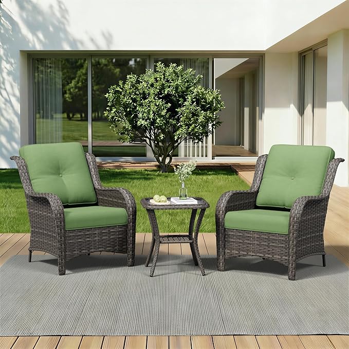 3 Pieces Outdoor Wicker Patio Furniture Set - Patio Chairs Set with Thickened Olefin Cushions, High Back and Deep Seating, Curved Armrest, PE Rattan for Porch, Deck, Balcony,Green
