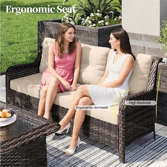 ALAULM 7 Pieces Patio Furniture Set,High Back Wicker Outdoor Sectional Furniture Set with Swivel Chairs & Coffee Table, Patio Conversation Set Thick Cushion for Backyard, Deck, Porch-Sand
