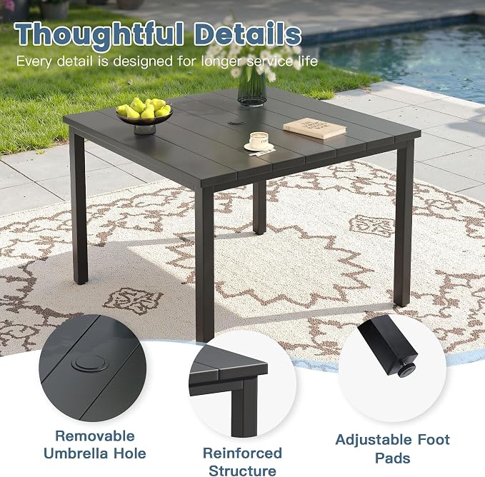 DIFY 5 Pieces Outdoor Patio Dining Set for 4, 40.2" Square Metal Dining Table and 4 Metal Stackable Dining Chairs, Outdoor Table and Chairs for Lawn Garden Poolside, Black