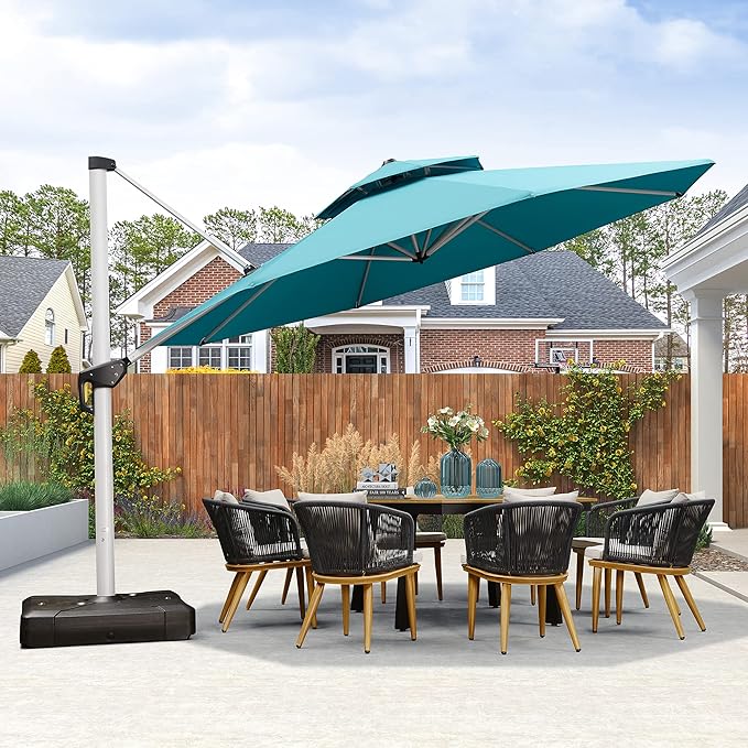 PURPLE LEAF 13 FT Cantilever Patio Umbrellas with Base Included, Large Round Offset Umbrella with 360° Rotation, Outdoor Aluminum Pool Umbrella for Pool Lawn Garden, Turquiose