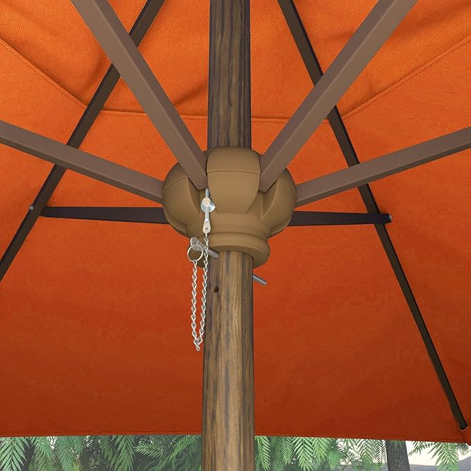 Sunline 9 ft Faux- Wood Patio Umbrella, Push Open Pin Stop Outdoor Market Umbrella with UV Protection & Wind Vent, Metal Frame for Deck, Pool & Table, Tuscan