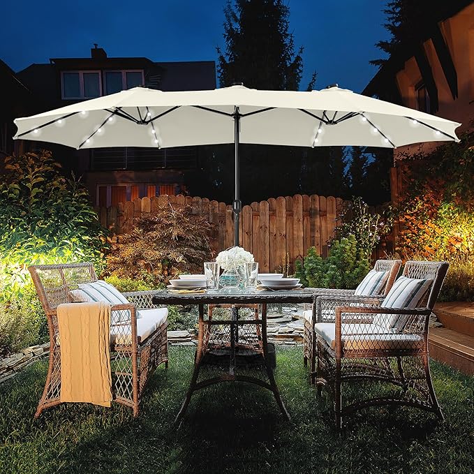 HERA'S PALACE 15ft Patio Umbrella with Base Included Double Sided Outdoor Umbrella for Patio Table Umbrella Outdoor 36 LED Solar Lights for Garden
