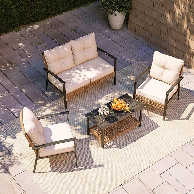 LAUSAINT HOME 4 Pieces Wicker Patio Conversation Set, Oversized Outdoor Furniture with Soft Cushions & 2 Tier Storage Coffee Table - for Backyard, Garden, Patio (Beige)