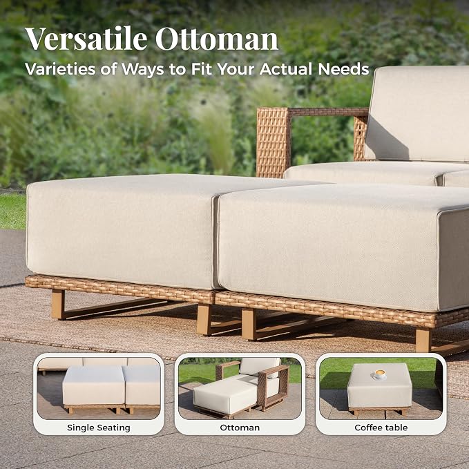 MIXPATIO 8 Pieces Patio Sectional Furniture Set, Outdoor Conversation Sets with 10" Thick Cushions, Yellow Wicker Rattan Modular Sofa Couch, Low Profile Deck Backyard Lawn Furniture