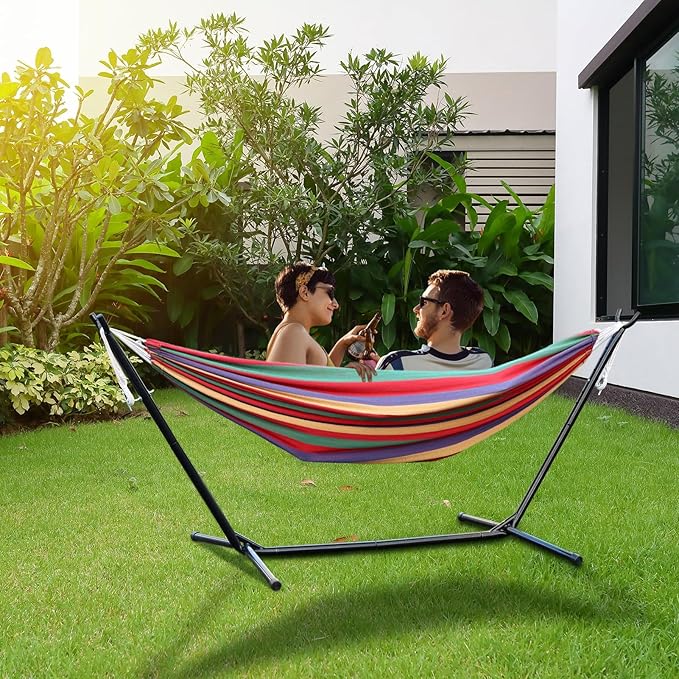 Worparsen Basics Double Hammock with Space Saving Metal Stand,Indoor Hammock Stand with Carrying Bag,Strong Load-Bearing,Striped Print,for Camping Garden Backyard Patio Indoor Outdoor Red