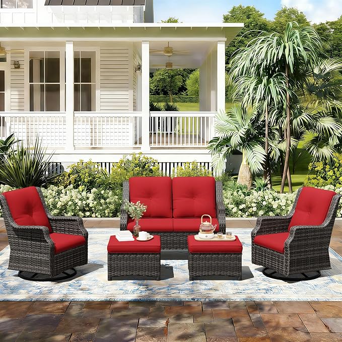 Outdoor Patio Furniture Set, 5 Piece Wicker Patio Furniture with Thick Cushions, Curved Armrest, Deep Seating, Outdoor Swivel Rocker Chairs for Porch, Deck, Balcony