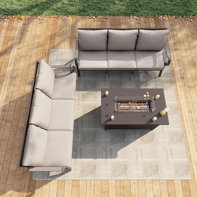 3 Pieces Patio Furniture Set, Metal Outdoor Conversation Sets with Fire Pit Table for Backyard Garden Deck Porch Poolside (Thick Beige Cushions)