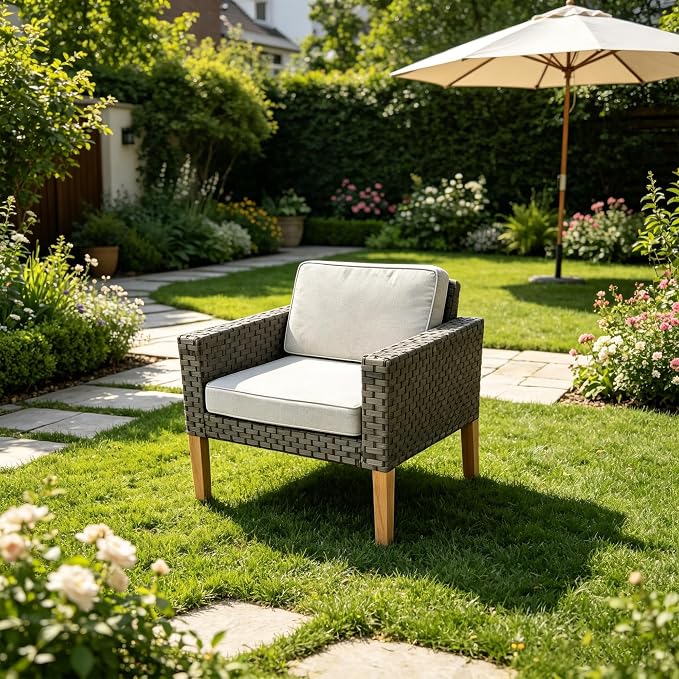 DECMICO 3 Piece Rattan Conversation Bistro Set, Outdoor Wicker Patio Furniture Set, All-Weather PE Rattan Chairs with Cushions for Backyard, Balcony, Garden, Beige