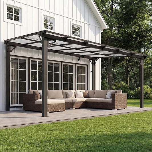 AirWire 10x12 FT Gazebo,Wall Mounted Gazebo Awnings with Polycarbonate Roof on Clearance, Patio Covers for Shade and Rain, Lean to Gazebo Hardtop Pergolas for Patios, Decks, Backyard