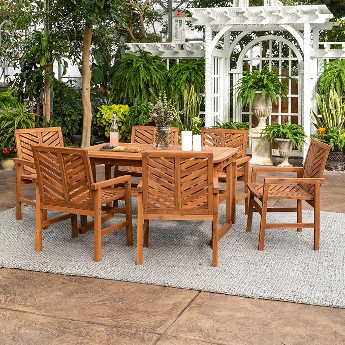 Walker Edison AZW7TXVINBR 6 Person Outdoor Wood Chevron Patio Furniture Dining Set Extendable Table Chairs All Weather Backyard Conversation Garden Poolside Balcony, 7 Piece, Brown