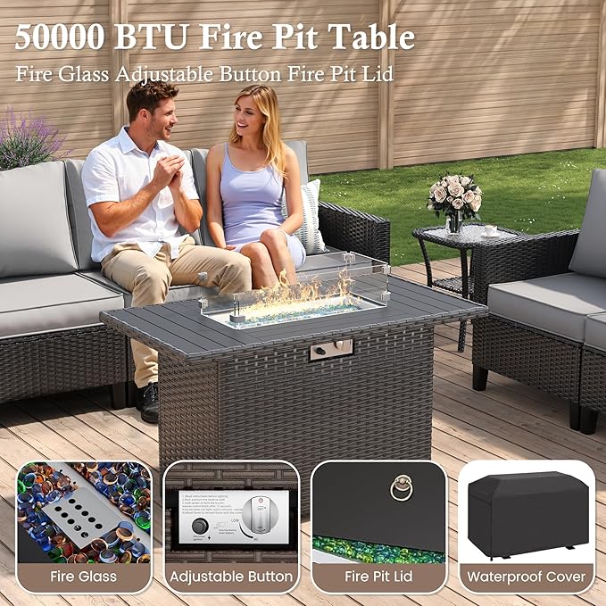 Amopatio Patio Furniture Set, 6-Piece Wicker Outdoor Sectional Sofa with Swivel Rocker Chairs, Rattan Conversation Set with Fire Pit Table and Waterproof Cover for Backyard Black/Light Grey