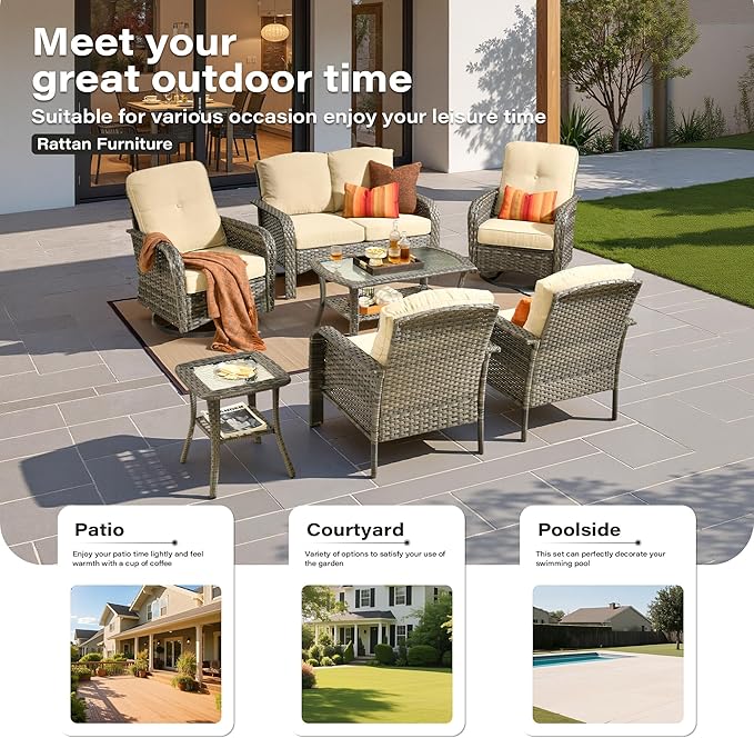 7 Pieces Patio Conversation Sets,Patio Furniture Set with Swivel Rocking Chairs,Coffee Table, Side Table, All Weather Rattan Wicker Outdoor Sectional Furniture Set for Porch Balcony Backyard Beige