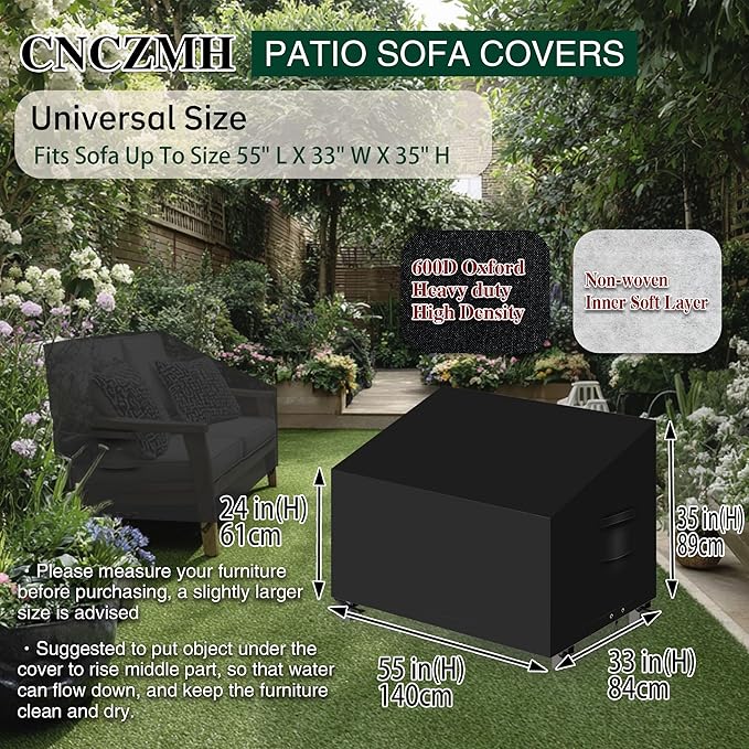 Heavy Duty Patio Sofa Covers Waterproof, Outdoor 3-Seater Couch Cover Waterproof, 600D Outdoor 2-Seater Loveseat Furniture Covers with Air Vent Handle 55''W x 33''D x 24''H/ 35''H Black
