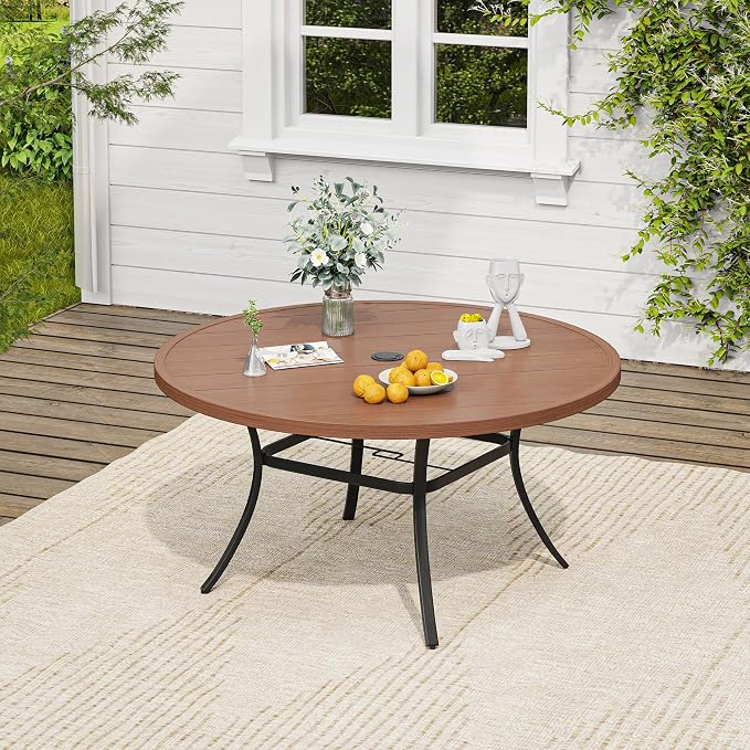 VICLLAX Outdoor Table and Chairs Set for 6, Patio Dining Set of 50 Metal Round Patio Table with Umbrella Hole & 6 Swivel Outdoor Dining Chairs for Backyard Lawn, Charcoal & Walnut
