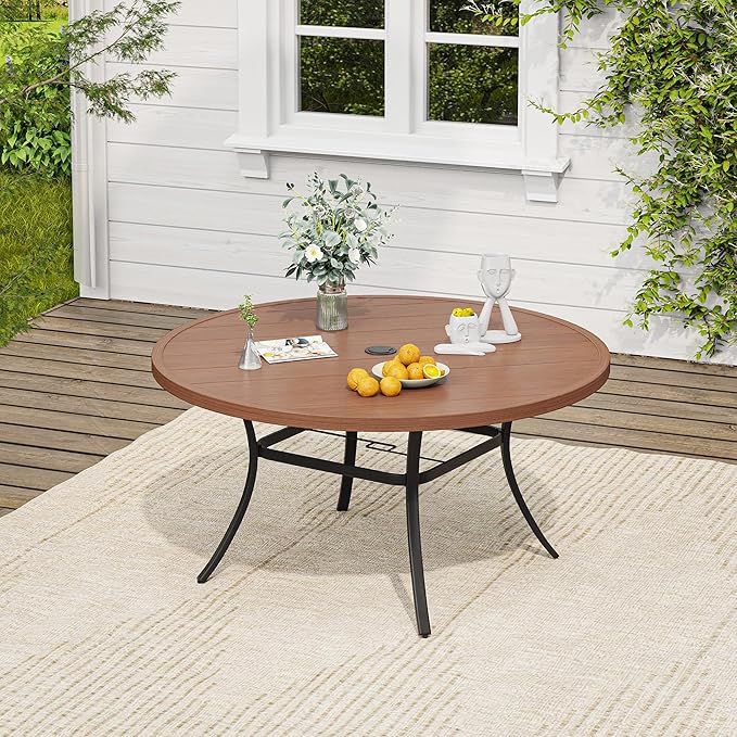 VICLLAX Outdoor Table and Chairs Set for 6, Patio Dining Set of 50" Metal Round Patio Table with Umbrella Hole & 6 Swivel Outdoor Dining Chairs for Backyard Lawn, Mixed Brown & Walnut